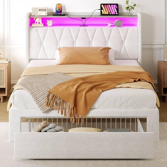Twin Bed Frame with Drawer, Storage Headboard with Charging Station and LED Lights, Upholstered Bed with Heavy Duty Wood Slats, No Box Spring Needed, Noise Free, Easy Assembly, Beige