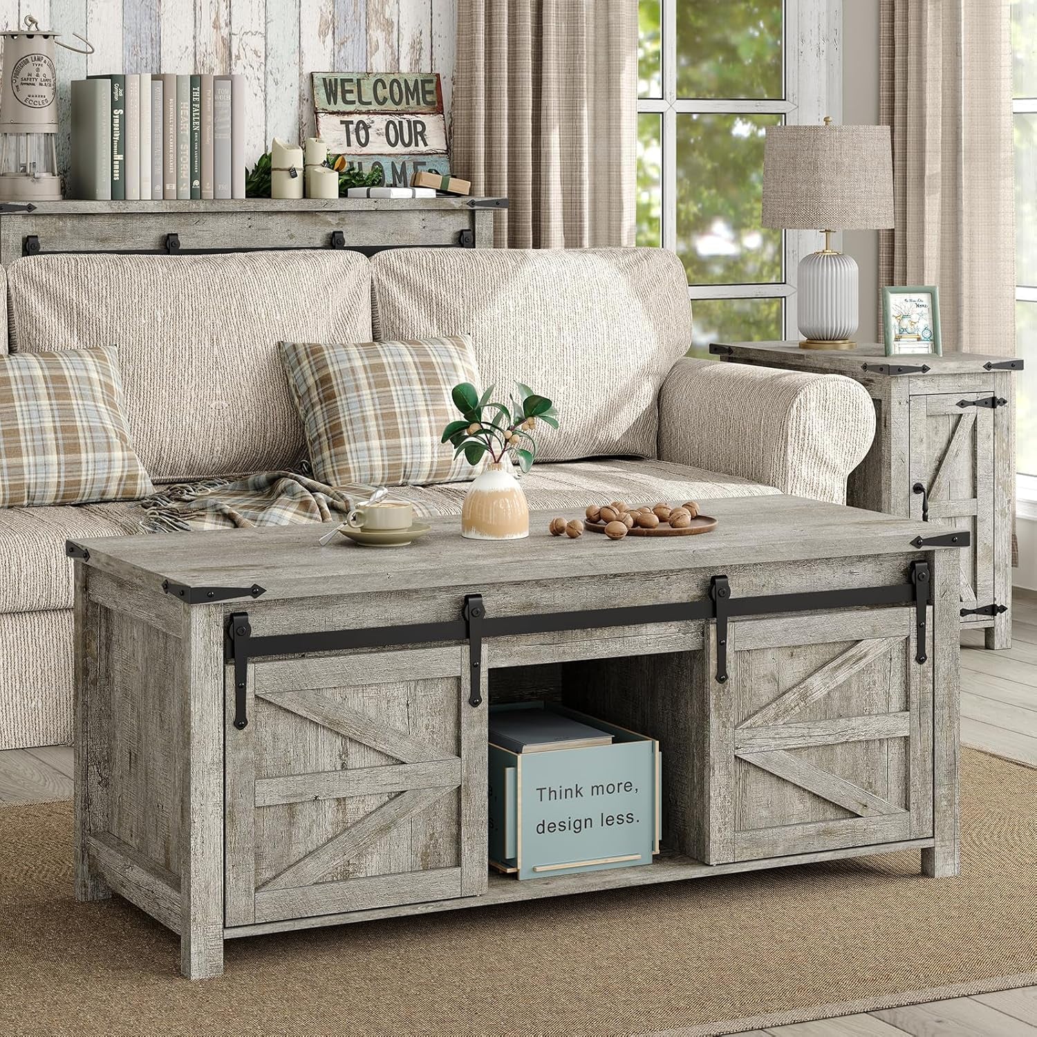 Lift Top Coffee Table, 47.3'' Farmhouse Coffee Table with Large Hidden Storage Compartment & Sliding Barn Doors, Wood Modern Rectangle Table for Home, Office, Rustic Grey