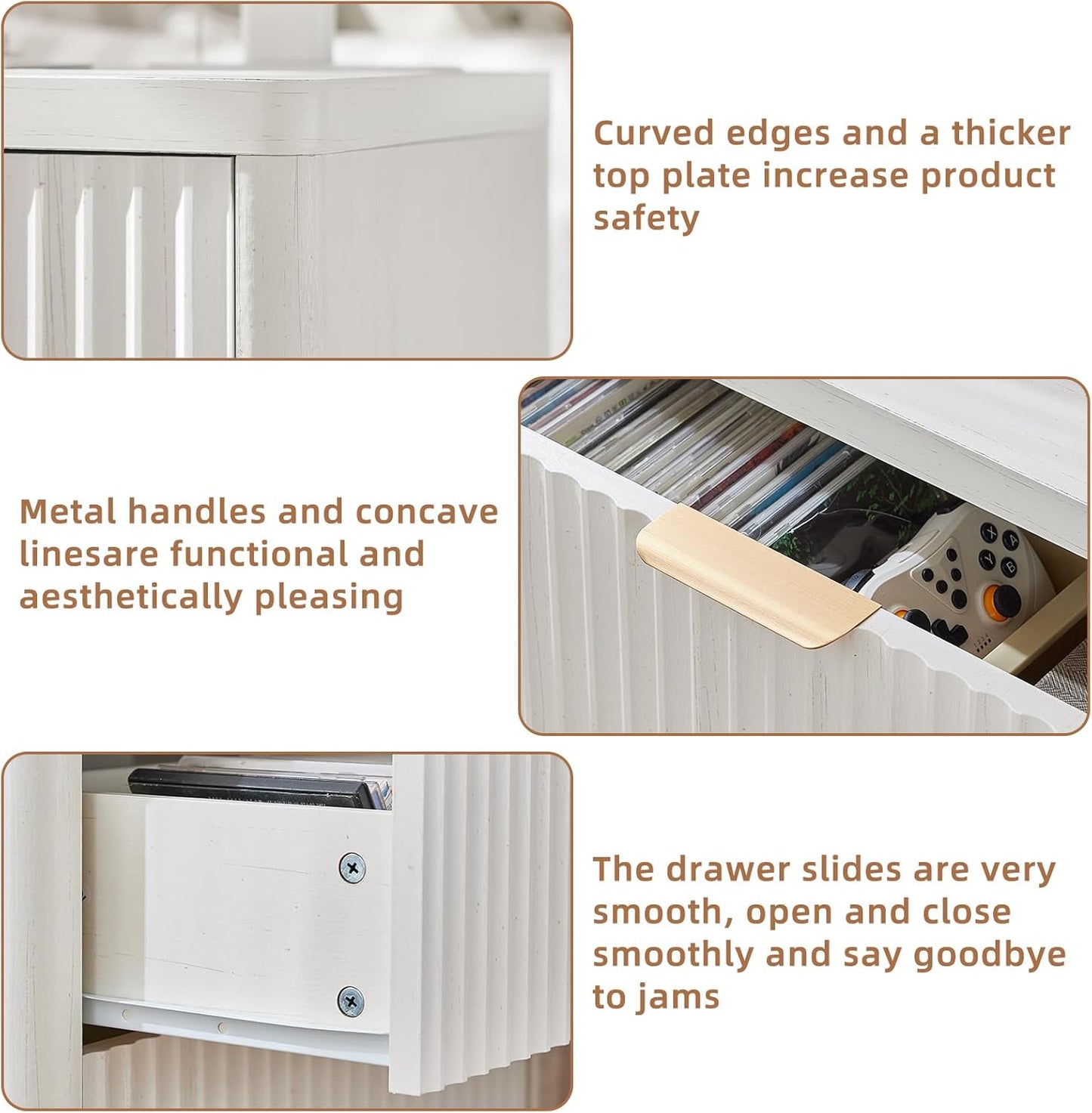 23" Wide Fluted Farmhouse Night Stand Set of 2 with Charging Station, 3 Drawers Large End Table W/Metal Handle,White Nightstand Bedside Table,Wood Dresser for Bedroom, Closet