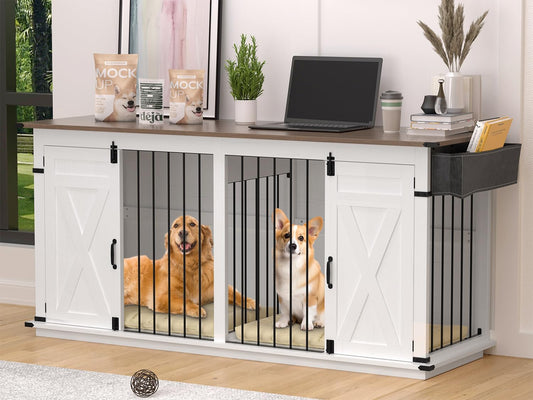 Dog Crate Furniture for 2 Dogs, 72.4" Indoor Large Double Dog Crate, Wooden GOG Kennel Tv Stand with Divider for Medium Large Breed Dogs, White