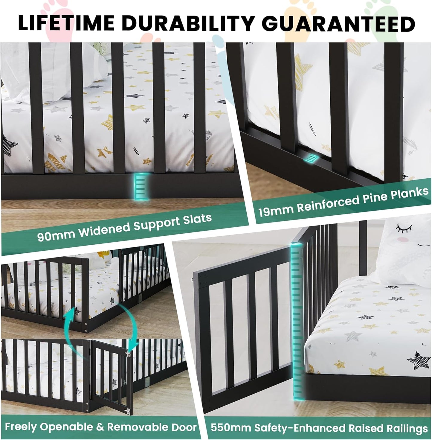 Twin Size Floor Bed for Kids Wooden Toddler Floor Bed Frame Safe Comfortable Baby Floor Bed for Children,Black,40.9"*77.5"(Mattress Not Included)