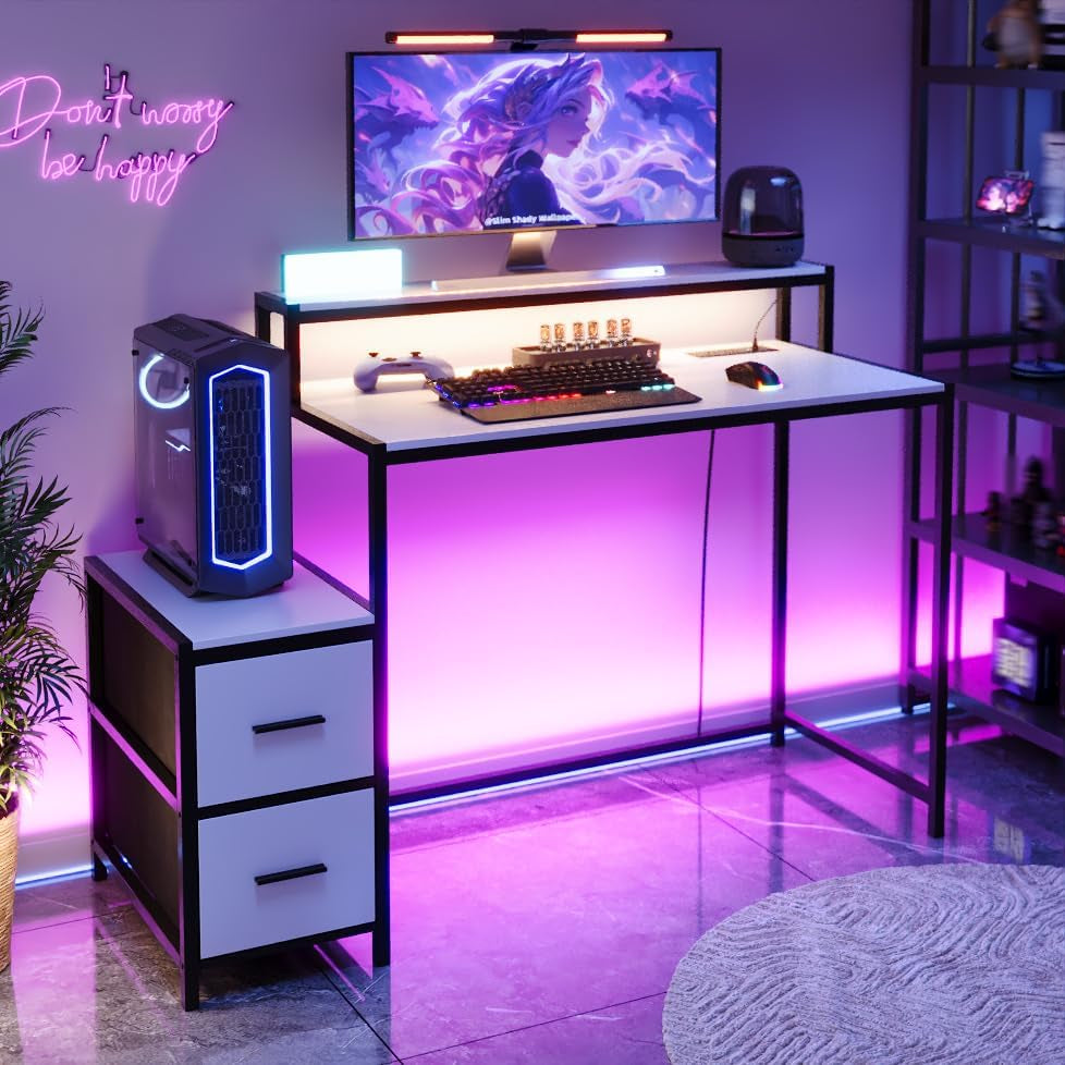 50 Inch Gaming Desk with LED Lights and Power Outlets, White Compact Computer Office Desk with Storage Shelves,Monitor Stand & Side Hook, Storage Drawers of Computer Table for Bedroom