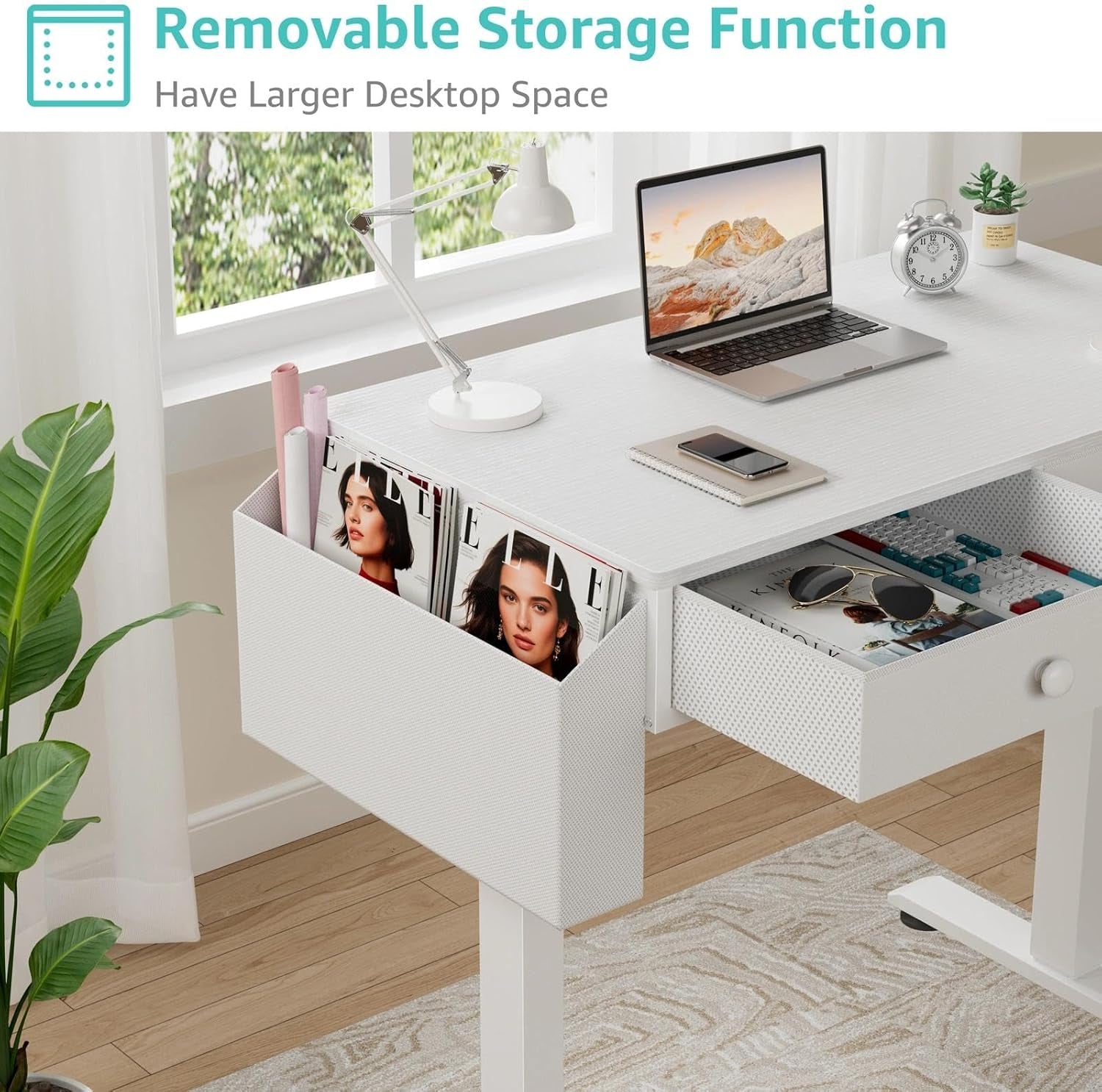 Electric Standing Desk with Drawers, 32 Inch White Small Height Adjustable Sit Stand Desk with Storage for Small Space Home Office Bedroom, Study Writing Stand up Computer Desks for Girls Work