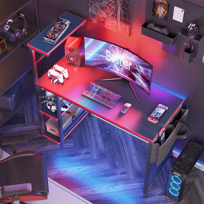 Gaming Desk with LED Lights, 44 Inch PC Gamer Desk for Small Spaces, Computer Desk with Reversible Storage Shelves & Side Storage Bag (Black 3D Carbon Fiber)