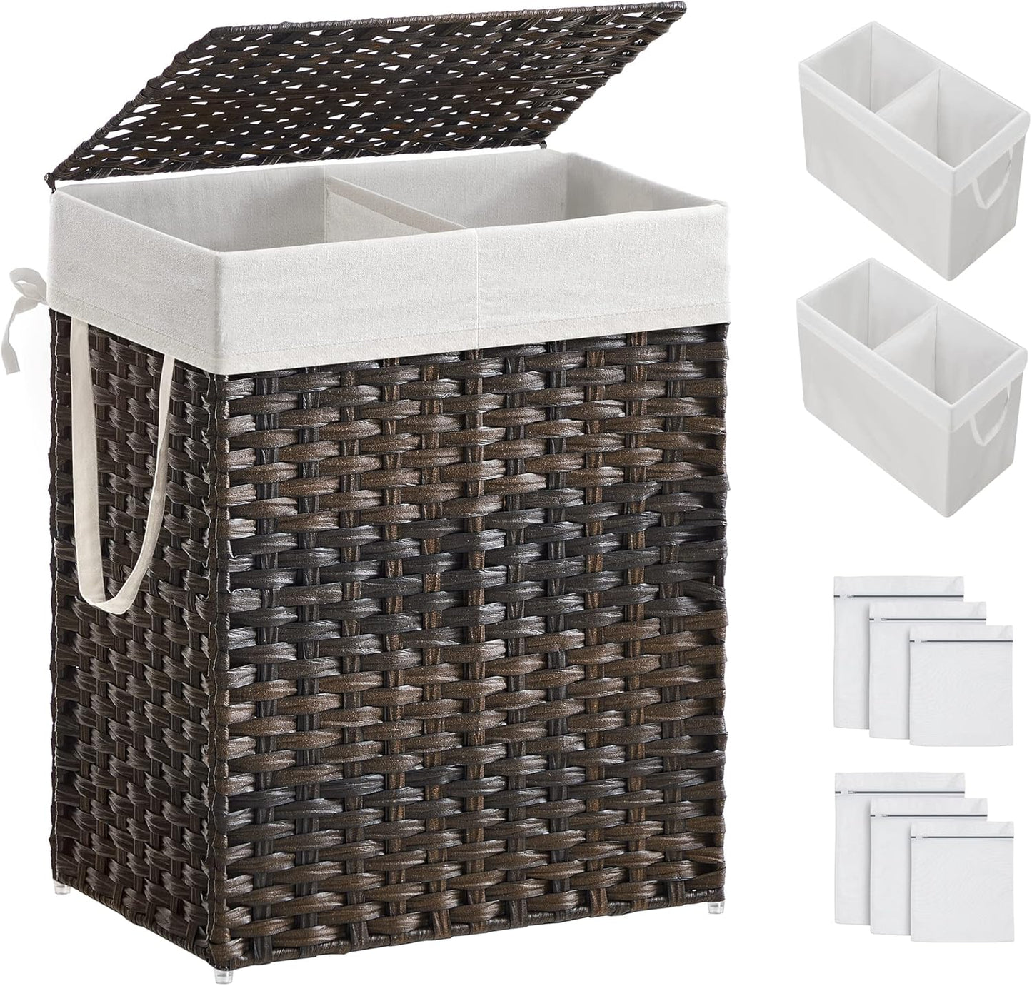 Laundry Hamper with Lid, 90L Clothes Hamper with 2 Removable Liner Bags, 6 Mesh Bags, Wicker Laundry Basket, Double Laundry Hamper for Bathroom, 13 X 18.1 X 23.6 Inches, Natural ULCB251N01V1