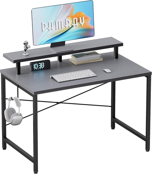 32 Inch Small Computer Desk with Monitor Stand, Simple Office Desk with Headphone Hook for Small Spaces, Kids Study Writing Table for Bedroom, Grey