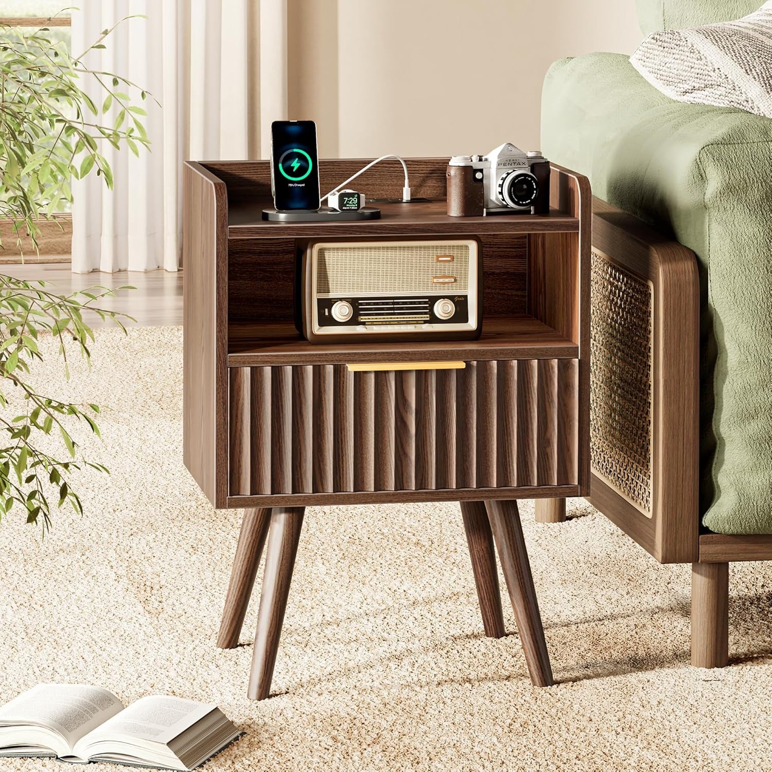 Nightstand with Charging Station, USB-C Port, Fluted Night Stand Set of 2, Bed Side Table with Drawer, Solid Wood Feet, Open Storage, End Table with Raised Edge, for Bedroom, Walnut