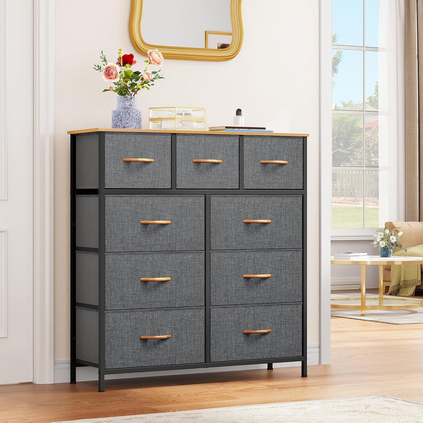 Dresser for Bedroom with 9 Drawers, Fabric Storage Dresser, Closet & Chest of Drawers for Living Room, Closets - Sturdy Steel Frame, Wooden Top & Easy Pull Fabric Bins(Dark Grey)