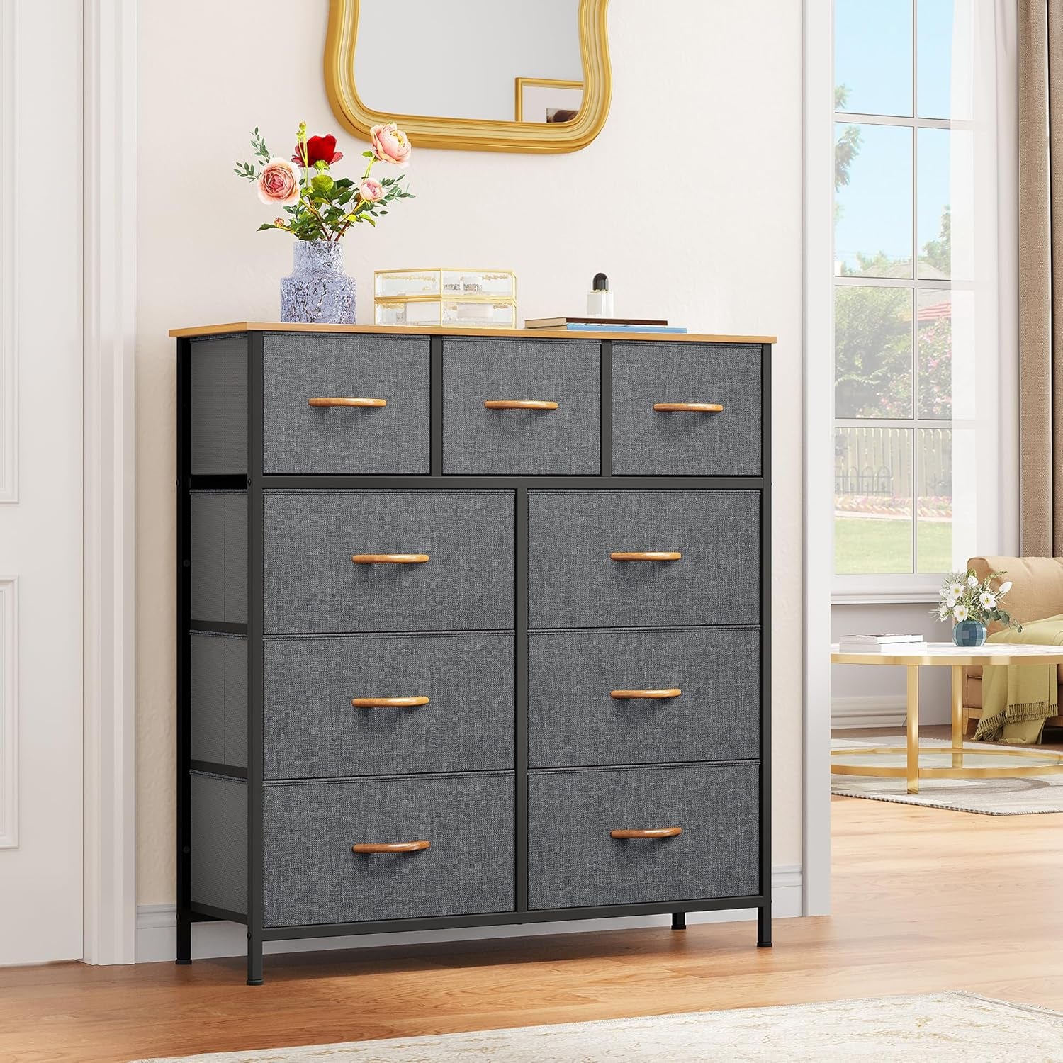 Dresser for Bedroom with 9 Drawers, Fabric Storage Dresser, Closet & Chest of Drawers for Living Room, Closets - Sturdy Steel Frame, Wooden Top & Easy Pull Fabric Bins(Dark Grey)