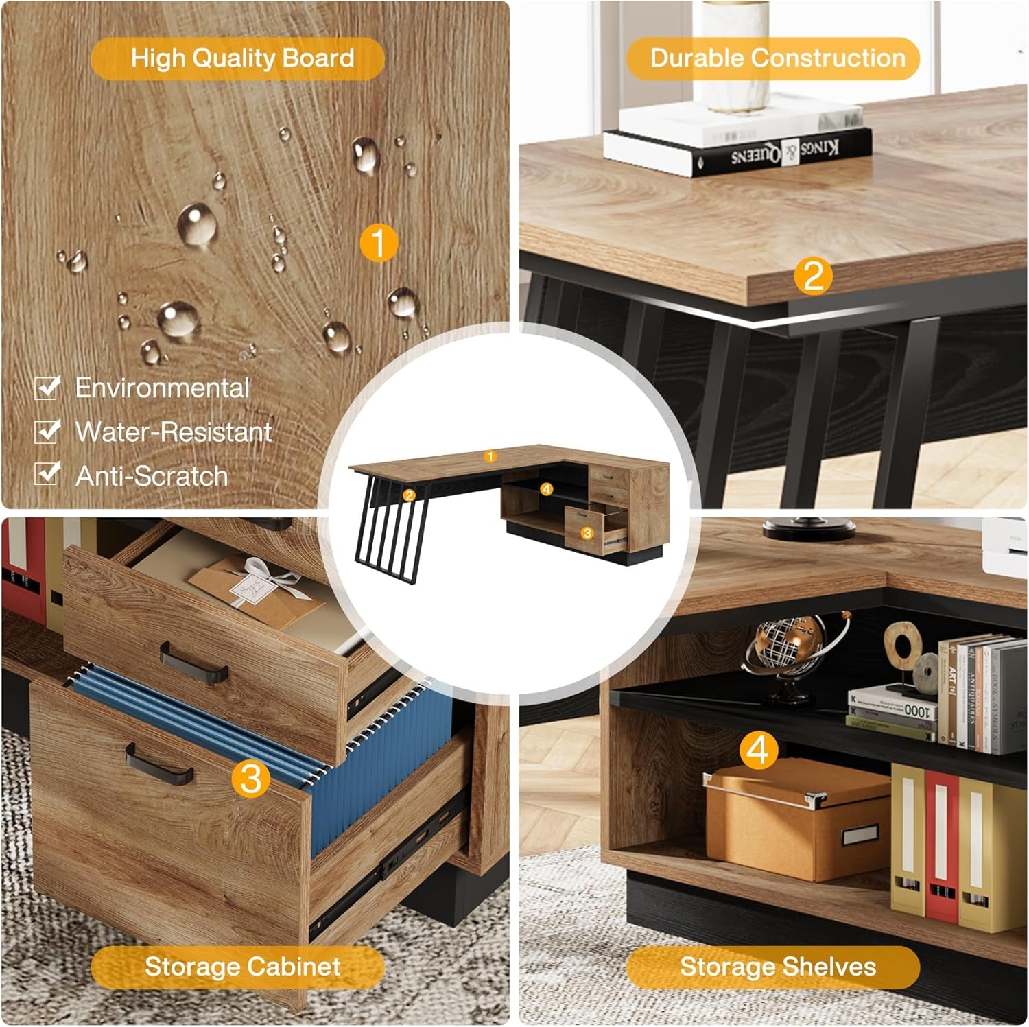 71-Inch Executive Desk, L-Shaped Desk with Cabinet, Large Office Desk with Drawers and Storage Shelves, Writing Table Computer Desk for Home Office, Oak and Black