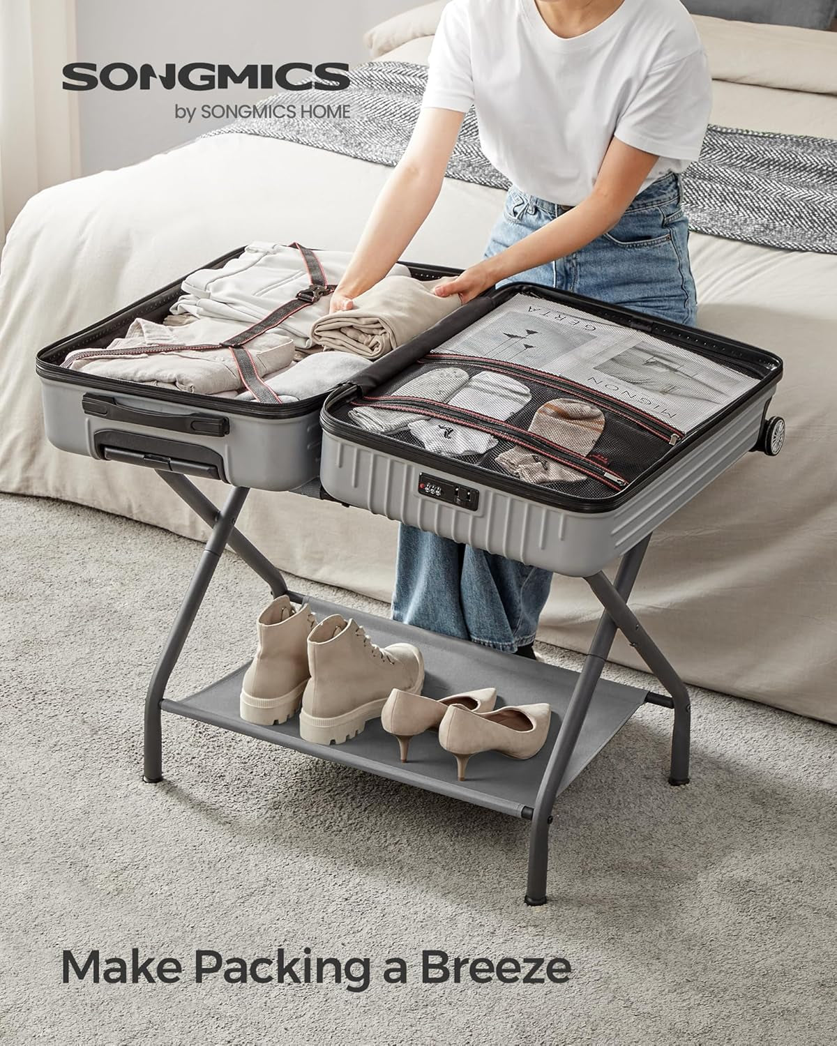 Luggage Racks, Set of 2, Suitcase Stand with Fabric Storage Shelf, for Guest Room, Bedroom, Hotel, Foldable, Holds up to 110 Lb, 27.2 X 15 X 20.5 Inches, Slate Gray URLR002G02