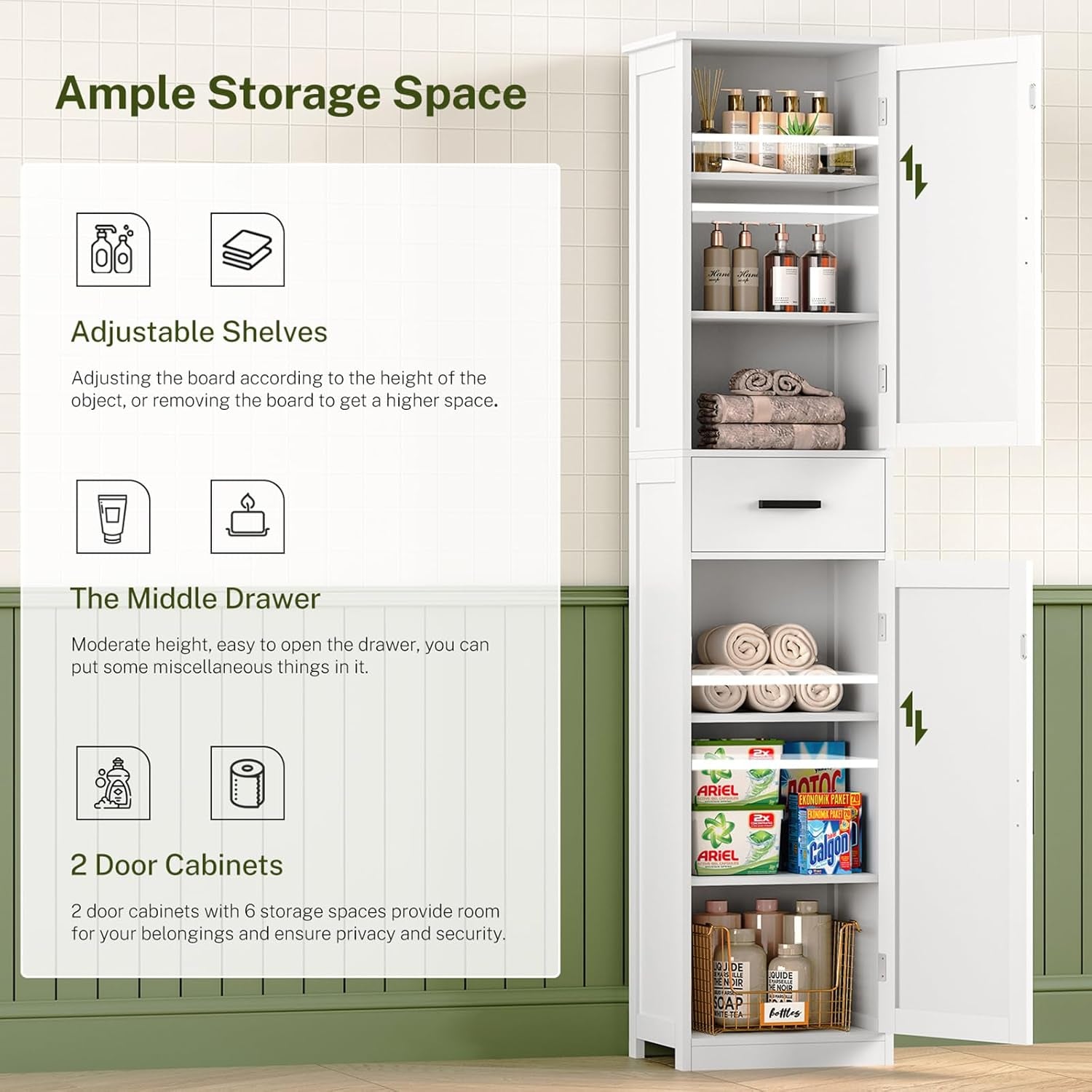 Tall Bathroom Cabinet, Storage Cabinet with 6 Shelves & Drawer, Bathroom Storage Cabinet with Adjustable Shelves, Tall Cabinet for Living Room, Home Office, White