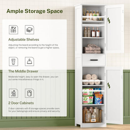 Tall Bathroom Cabinet, Storage Cabinet with 6 Shelves & Drawer, Bathroom Storage Cabinet with Adjustable Shelves, Tall Cabinet for Living Room, Home Office, White
