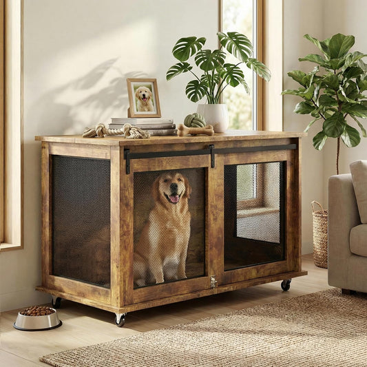 47 Inch Large Dog Crate Furniture, Wooden Heavy Duty XL Dog Kennel Indoor, Decorative Dog Cage Table for Large Dogs, with Sliding Doors, Wheels and Flip-Top Plate, Rustic Brown