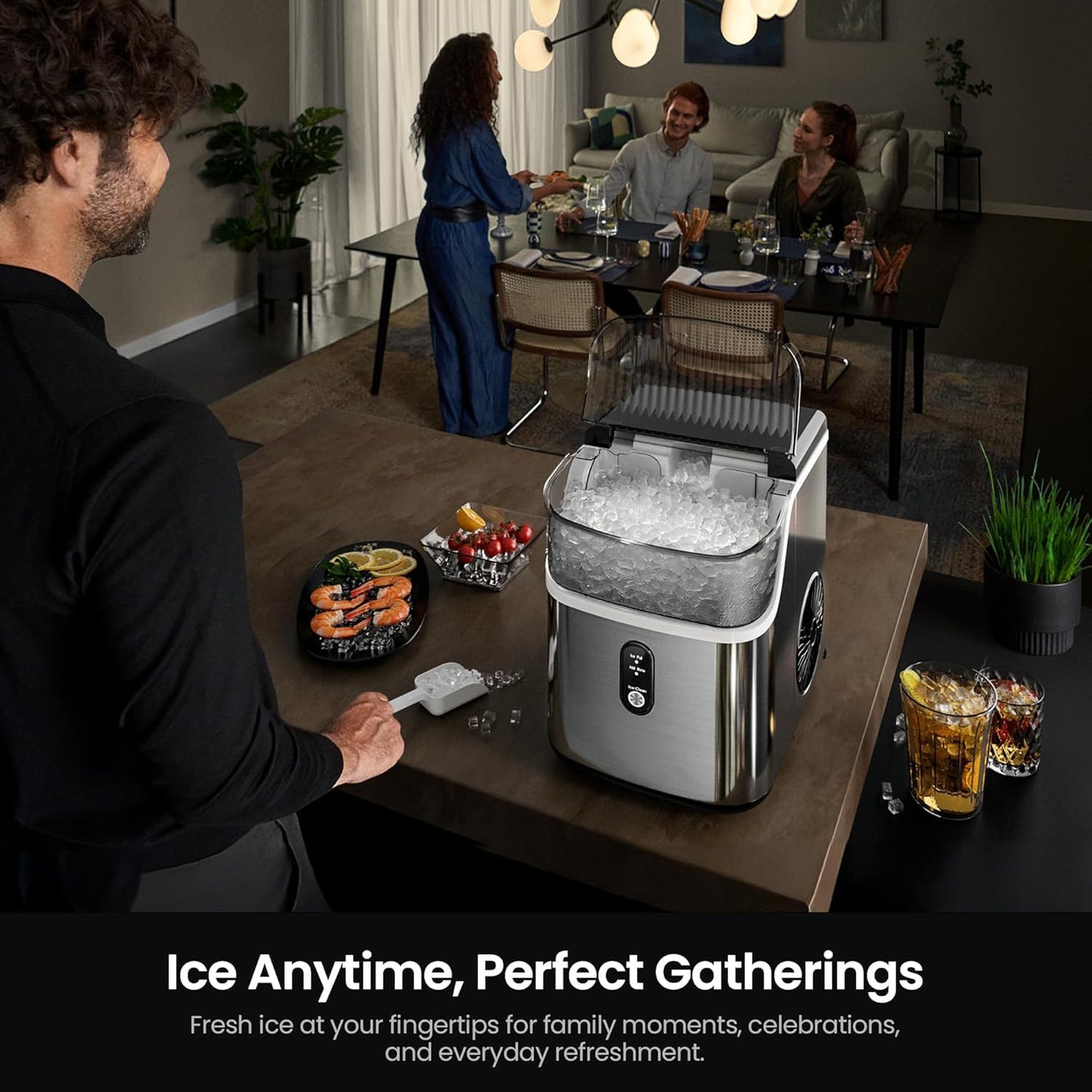 Nugget Ice Makers Countertop,Portable Ice Machine with Crushed Ice, 35Lbs/Day,Self-Cleaning,One-Click Operation for Home Use(Silver)