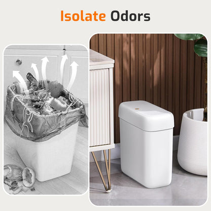 Small Bathroom Trash Can with Lid, 2.6 Gallons / 10 L Slim Plastic Garbage Bin with Pop-Up Lid, Mini Waste Basket Can Dog Proof for Kitchen, Bedroom, Office, Laundry, Toilet, Rv, White