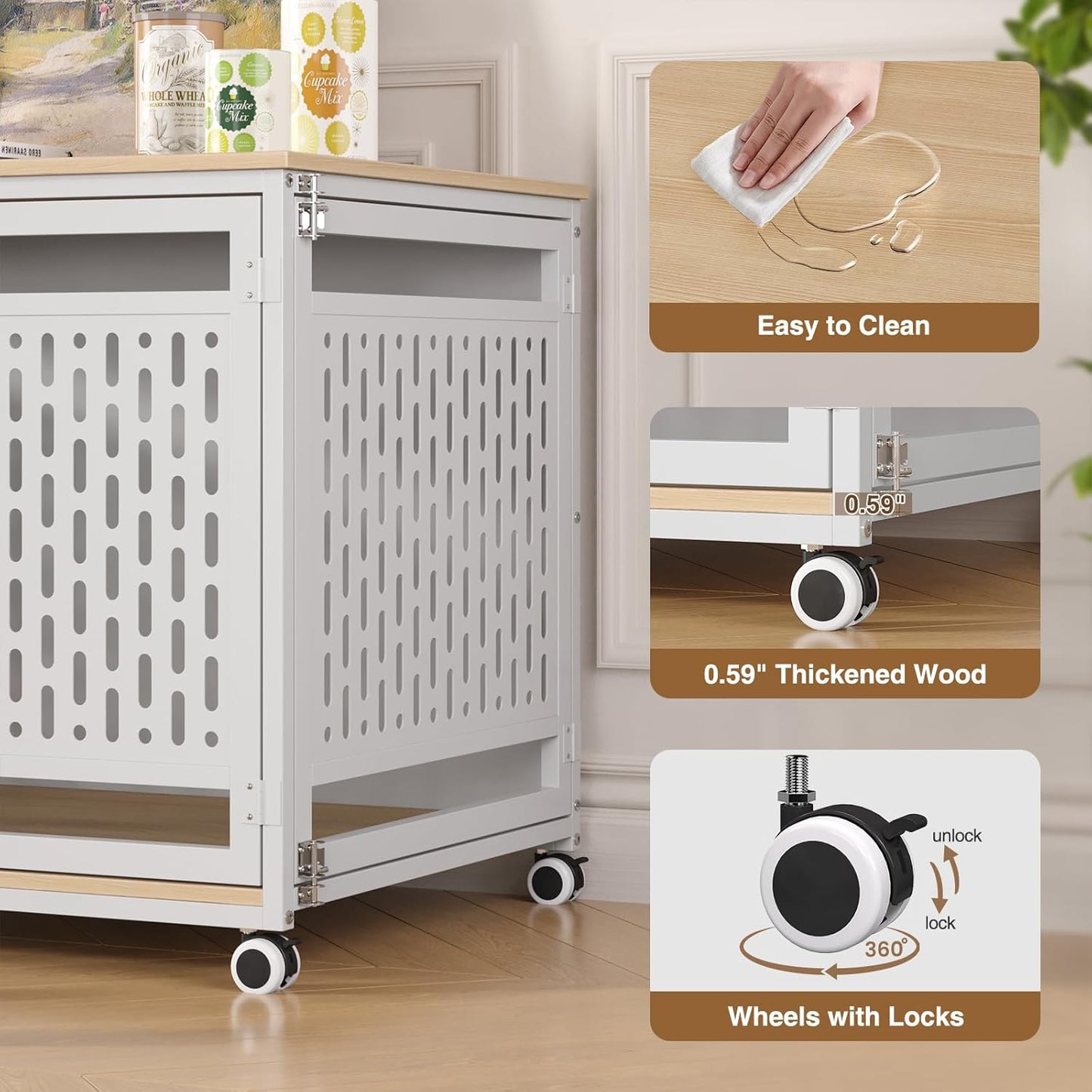 40.1" Dog Crate Furniture for Medium and Large Breed, Decorative Dog Kennel Indoor with Lockable Wheels, Heavy Duty Wooden End Side Table Pet Cage, Chew-Resistant, White