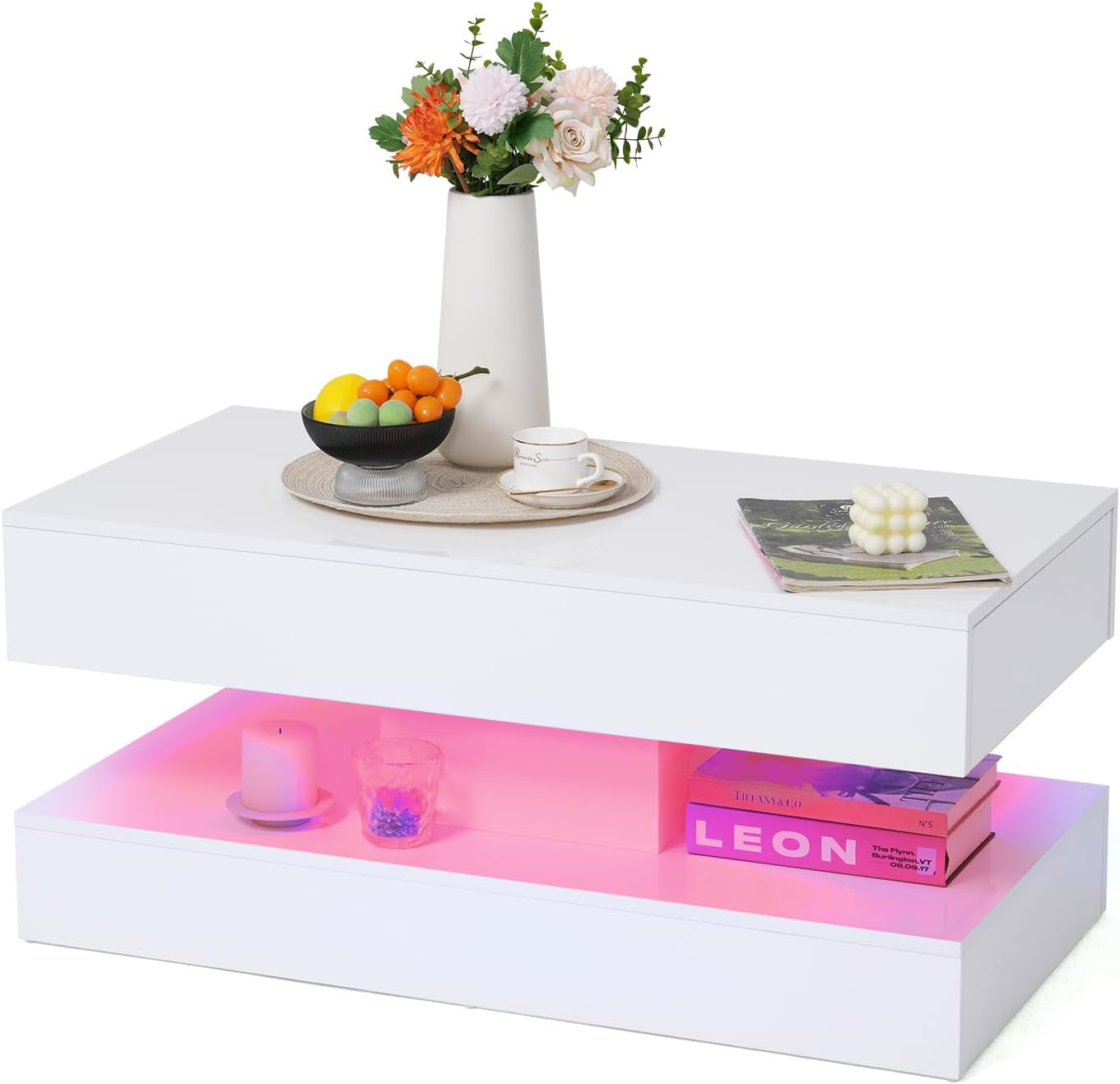 Modern High Gloss LED Coffee Table with Storage, 2-Tier Center Table with Open Display Shelf & 2 Sliding Drawers, Rectangle Coffee Tables for Living Room, Bedroom