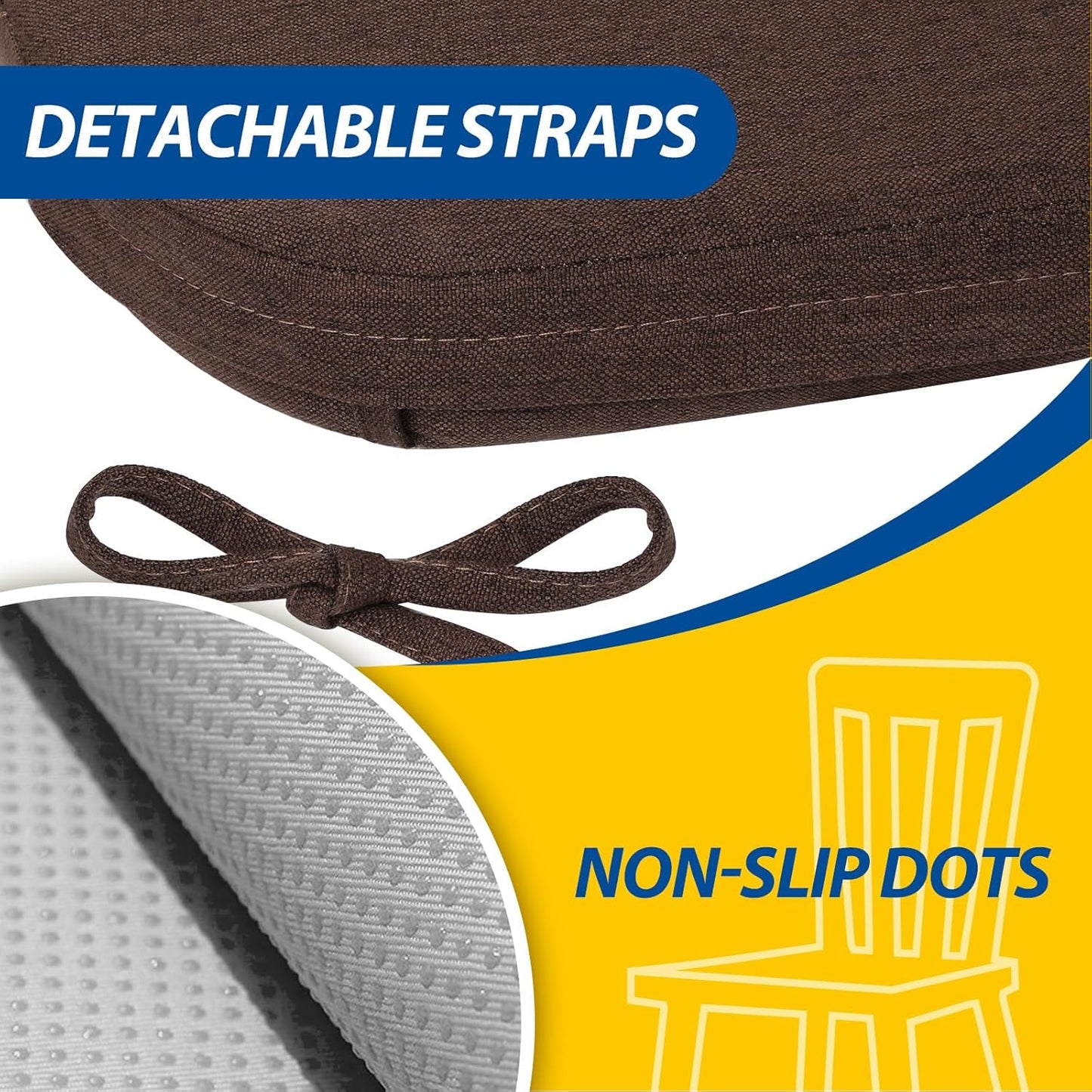 D-Shaped Chair Cushions, 2" Thick Dining Chair Pads with Ties and Removable, Machine-Washable Cover, 17" X 16", Set of 4, Brown
