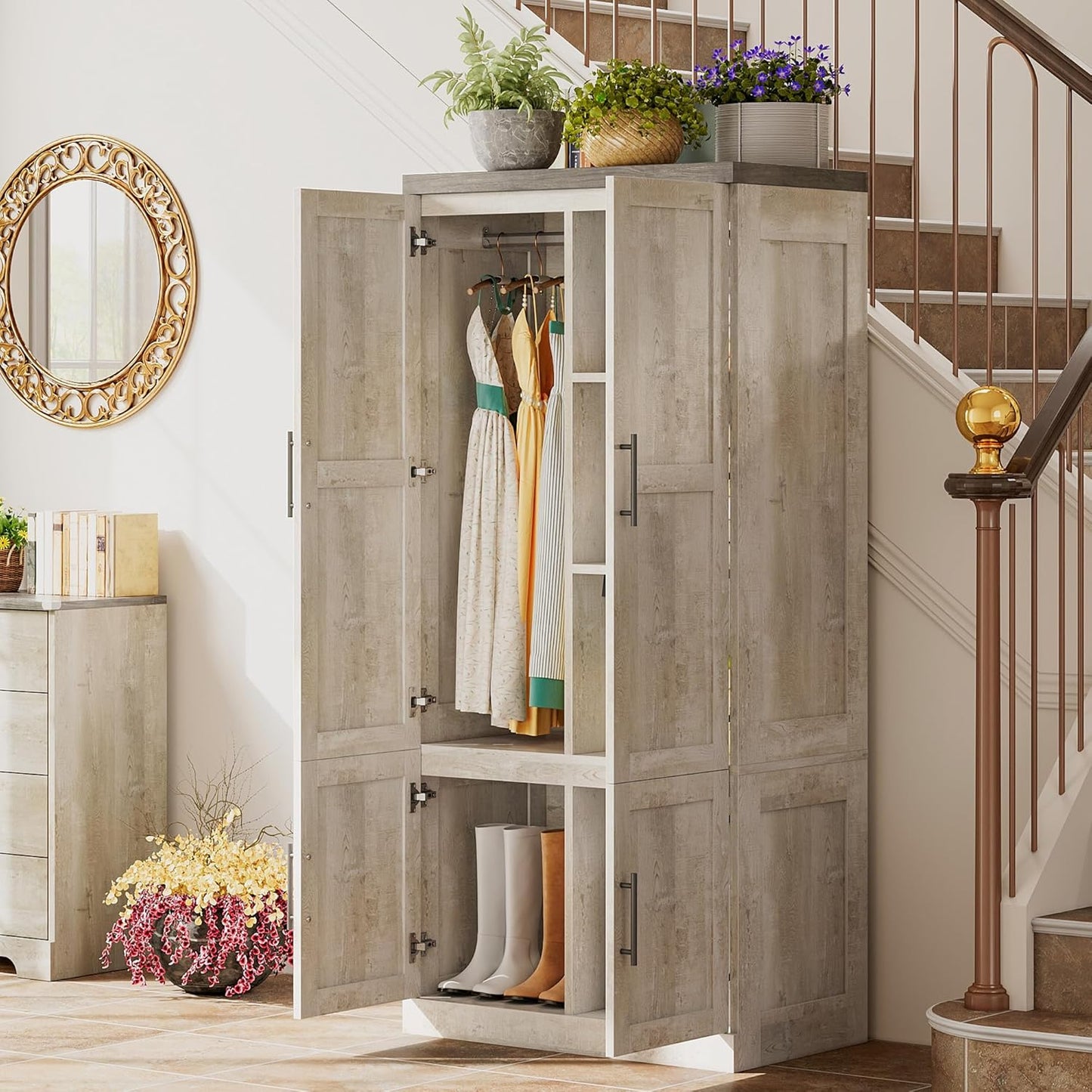Large Wardrobe Closet, Farmhouse Clothing Storage Cabinet with Hanging Rod and 2 Doors, Wooden Tall Bedroom Armoires with Storage Shelves, Rustic White