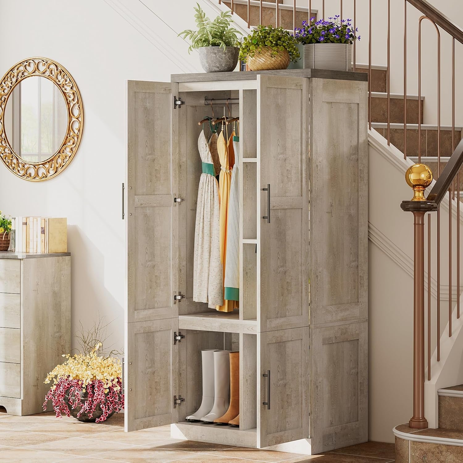 Large Wardrobe Closet, Farmhouse Clothing Storage Cabinet with Hanging Rod and 2 Doors, Wooden Tall Bedroom Armoires with Storage Shelves, Rustic White