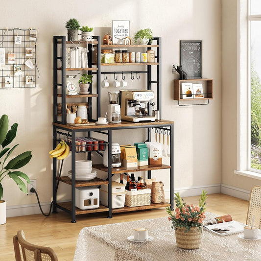 Baker Rack with Power Outlet - Microwave Stand with Storage, Large Coffee Bar Station with 14 Hooks, Metal Kitchen Shelf Rack for Spices, Pots (Rustic Brown) | with Power Outlet, with Storage, with 14 Hooks, for Spices, for Pots