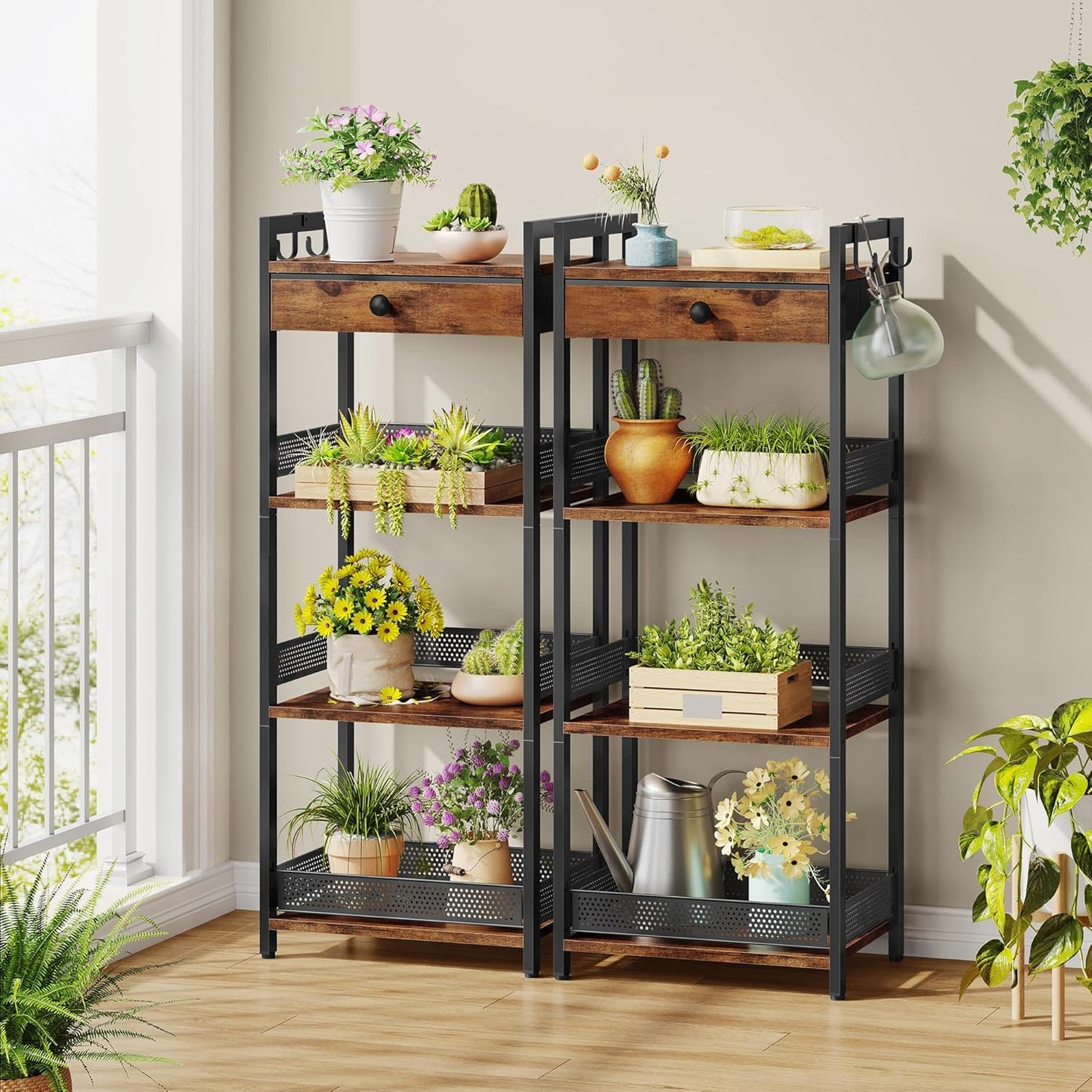 4 Tier Ladder Shelf Stand, Bookshelf with Drawer Storage, Decorative Display Shelves Wood & Metal, Plant Shelf, Standing Shelf Unit for Living Room Bedroom Office Kitchen, Rustic Brown