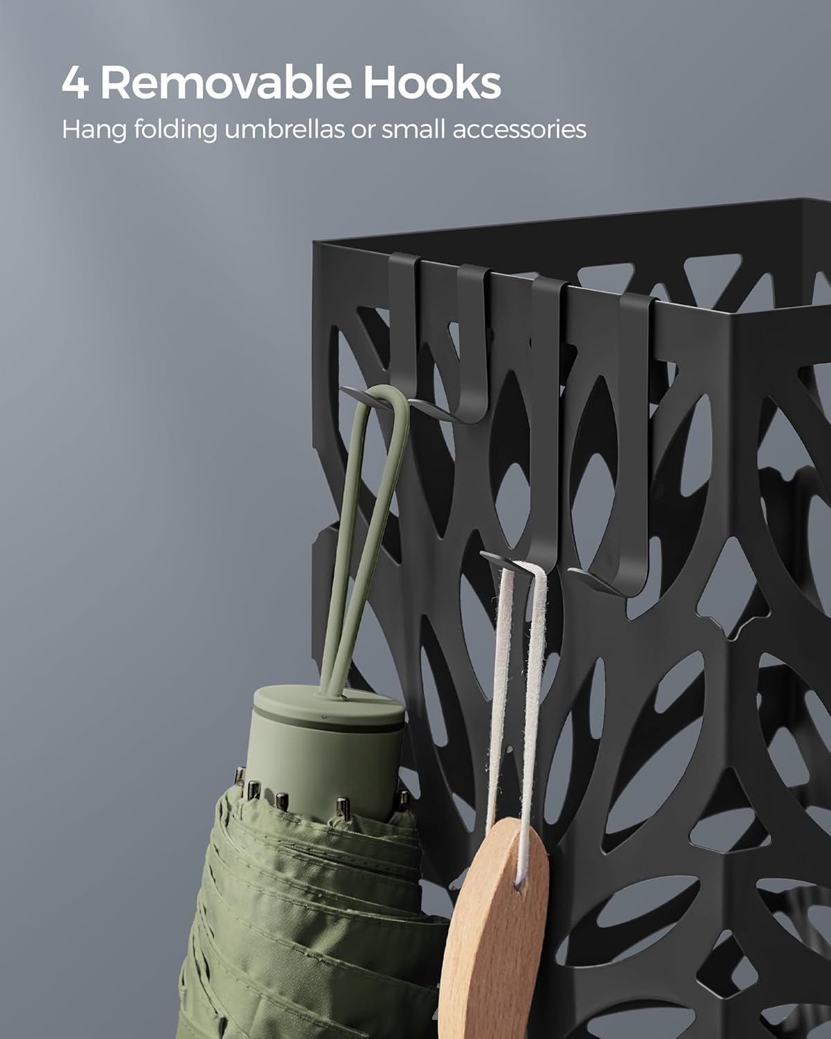 Umbrella Stand, Umbrella Holder for Entryway, Steel Square Umbrella Rack Organizer Freestanding, for Canes Walking Sticks, with a Detachable Drip Tray, 4 Hooks, Black ULUC026B33