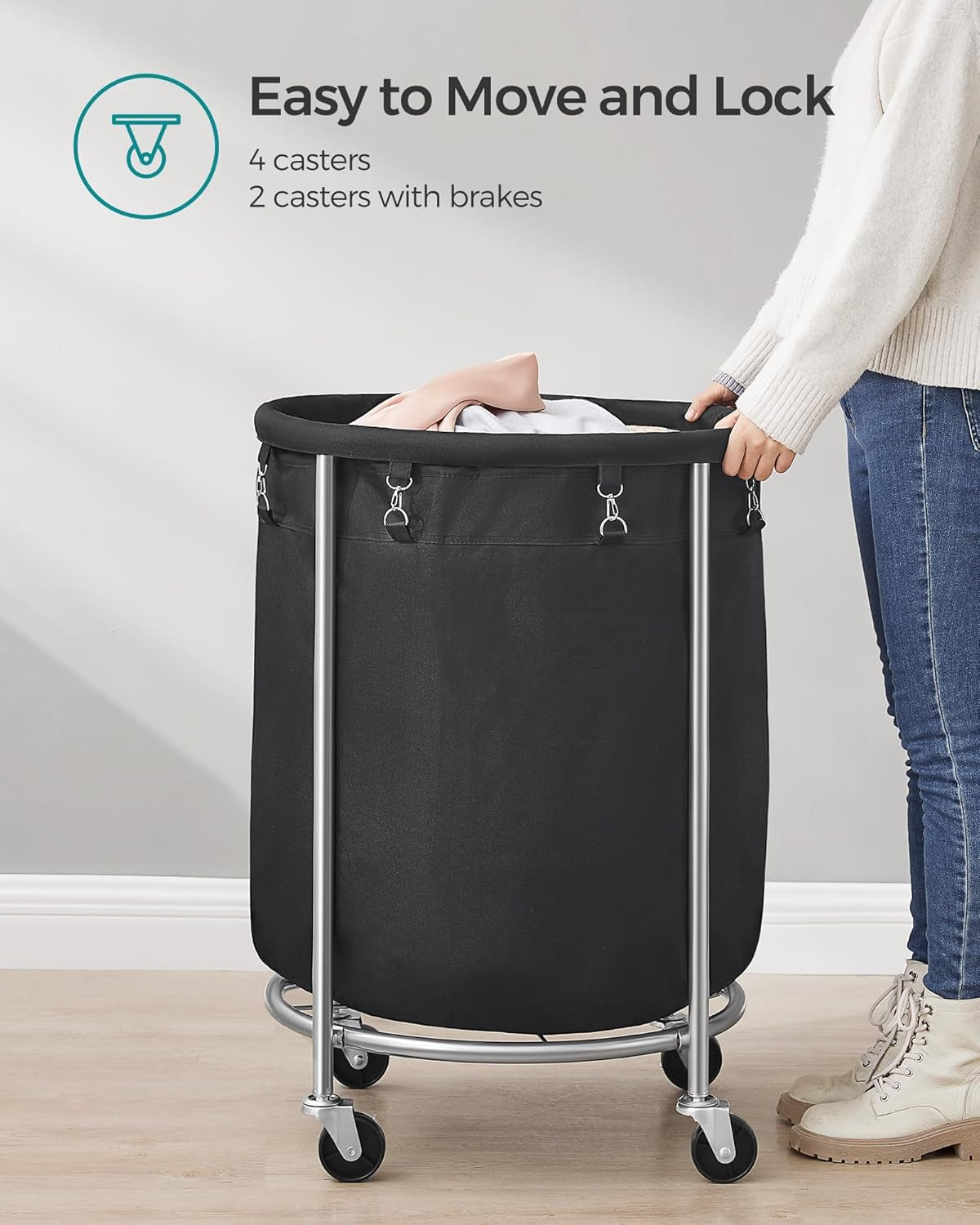 50.2-Gallon (190 L) Laundry Basket with Wheels, Rolling round Heavy-Duty Laundry Hamper Cart with Steel Frame and Removable Bag, 2 Locking Wheels, Ink Black and Metallic Silver URLS001B01