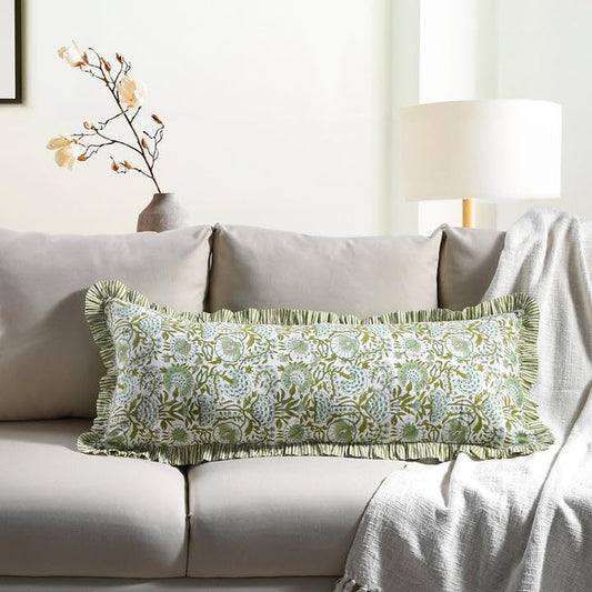 CPC Agate Green 100% Cotton Block Print Ruffle Sham Cover 14X36 Inch, Handmade Boho Floral Pillowcase, Farmhouse Cottagecore Bedding, Soft Decorative Cushion Cover for Bedroom Décor