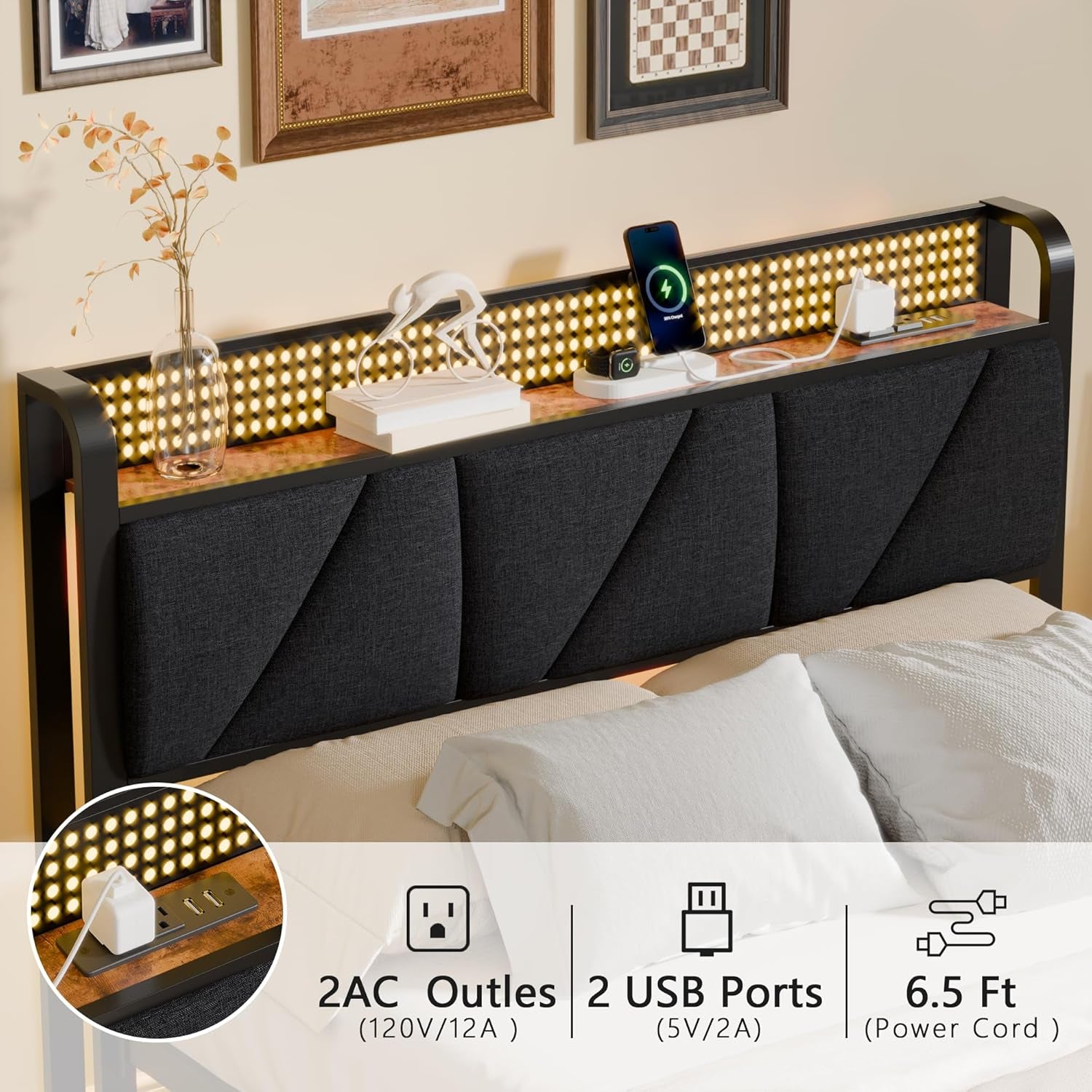 Full Bed Frame with LED Lights,Headboard with Charging Station and USB Port,Upholstered Platform Bedframe Metal Support,No Box Spring Needed