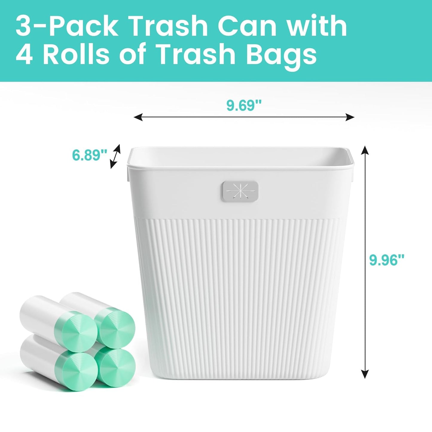 Slim Trash Can 3-Pack, 2.9 Gallon Plastic Wastebasket for Bathroom, Bedroom, Office, Kitchen with 4 Rolls Bags, White
