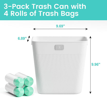 Slim Trash Can 3-Pack, 2.9 Gallon Plastic Wastebasket for Bathroom, Bedroom, Office, Kitchen with 4 Rolls Bags, White