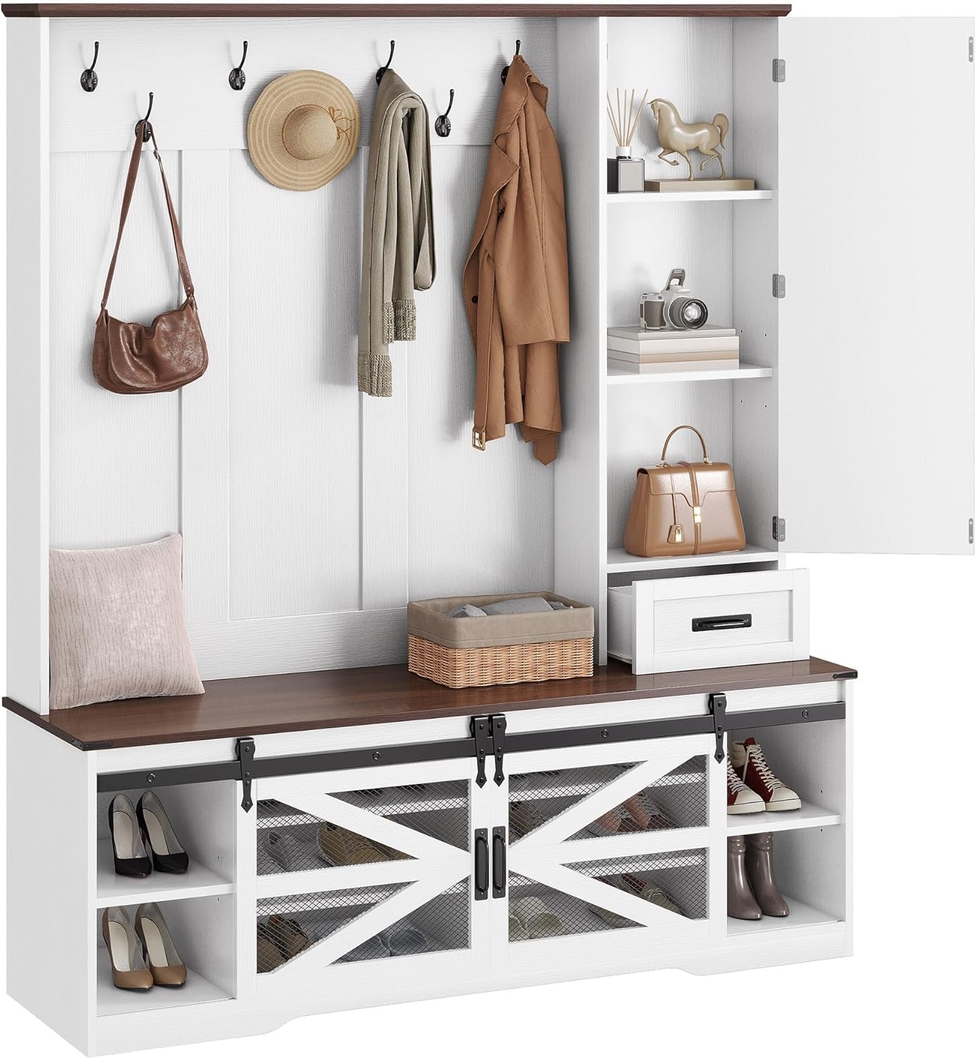 Hall Tree with Bench and Shoe Rack, Modern Large Shoe Storage Organizer with Coat Hooks, Drawer, Sliding Barn Door, Adjustable Shelves & Anti-Tip Kit for Entryway Mudroom