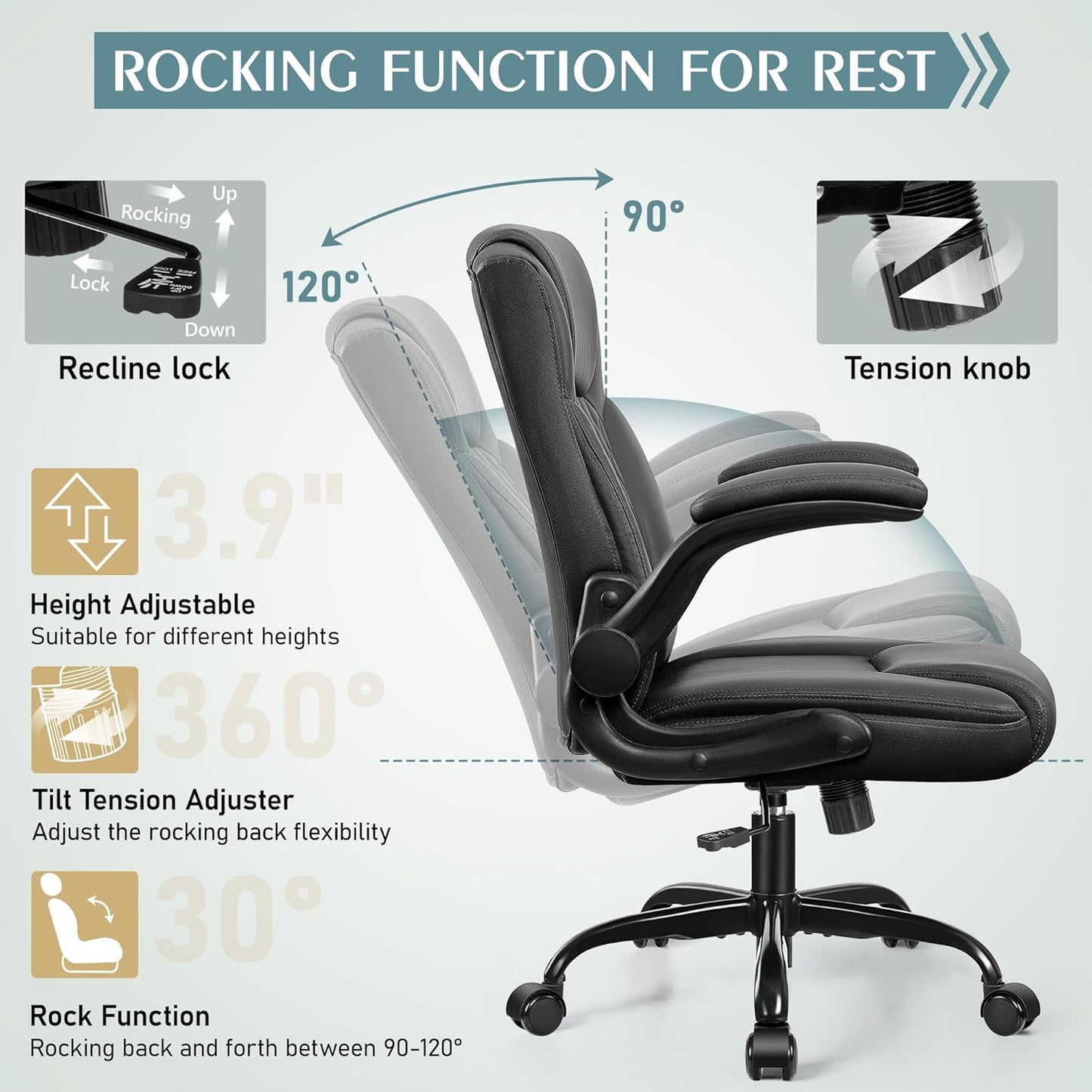 Leather Office Chair, PU Home Computer Desk Chairs with Ergonomic Back Support, 360°Swivel Free，Small Gaming Chair with Wheels and Adjustable Armrests, for Short People Use, Black