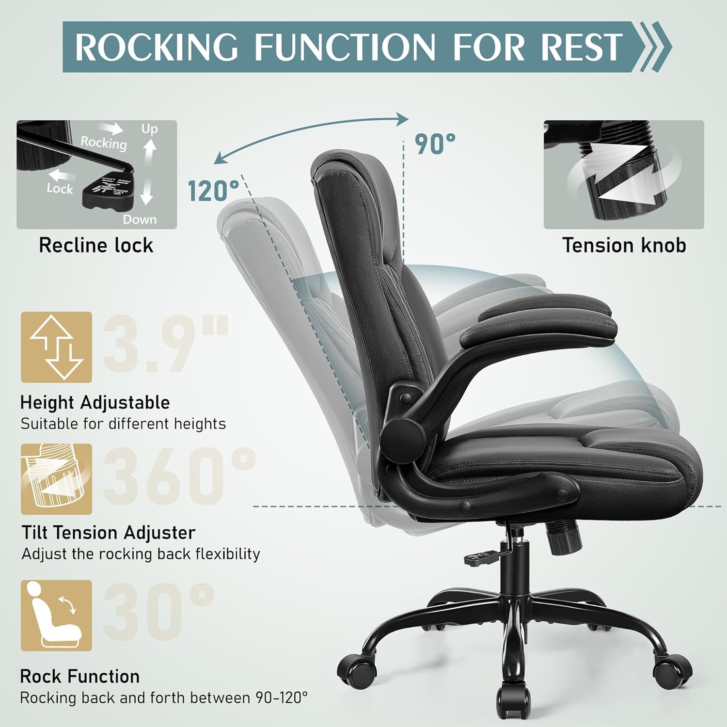 Leather Office Chair, PU Home Computer Desk Chairs with Ergonomic Back Support, 360°Swivel Free，Small Gaming Chair with Wheels and Adjustable Armrests, for Short People Use, Black