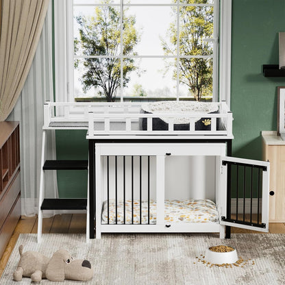 Dog Crate Furniture, Pet Bunk Bed with Stairs and Storage, Dogs/Cats Window Perch, with Multi-Purpose Blanket and Fluffy Dog Bed for Small Medium Size