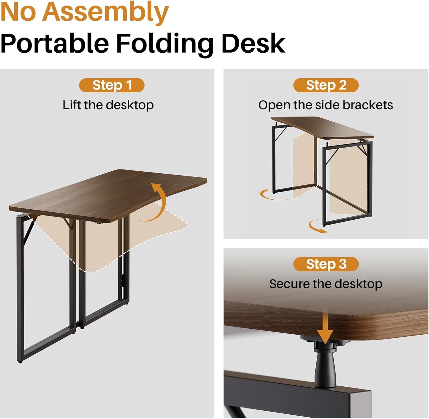 31.5" Folding Desk - Brown, No Assembly Small Foldable Desk for Home, Office, Wooden Top Folding Computer Desk for Working, Writing, Studying
