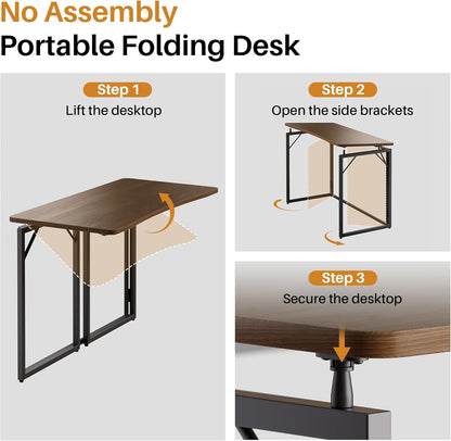 31.5" Folding Desk - Brown, No Assembly Small Foldable Desk for Home, Office, Wooden Top Folding Computer Desk for Working, Writing, Studying
