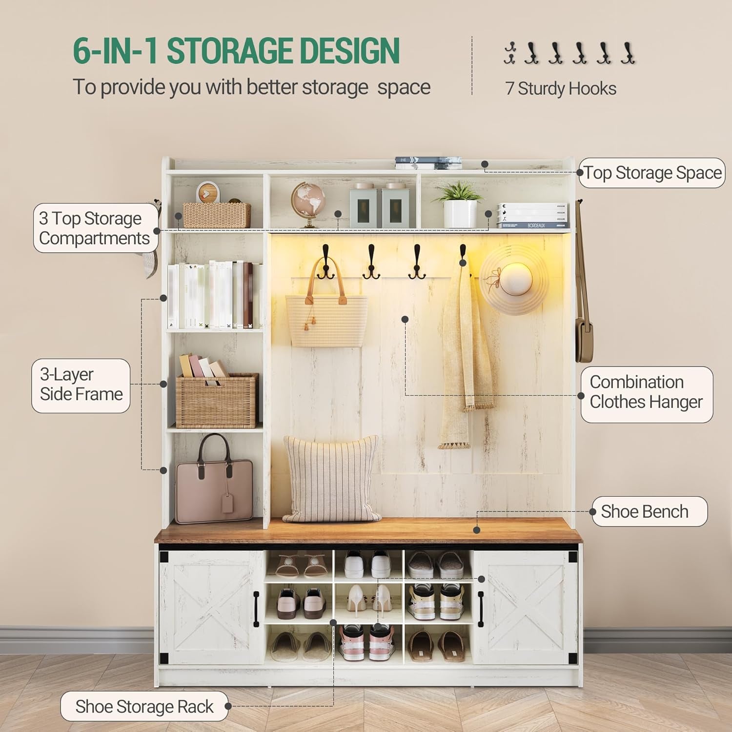 59.8" Hall Tree, LED Farmhouse Entryway Storage and Coat Rack Wood, Entryway Furniture with 7 Hooks, Hall Tree with Bench and Storage, 6 Storages Partitions Shoe Bench, Rustic White HT24814B