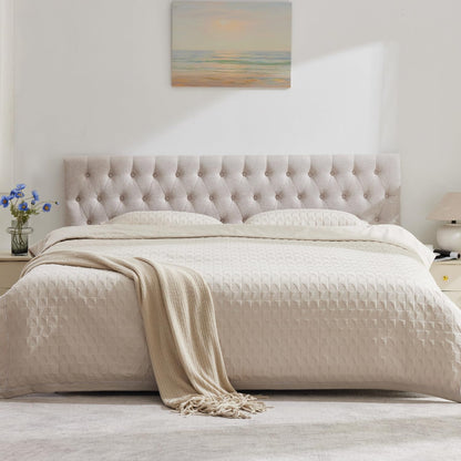 Headboards for King Size Bed in Modern Button Design, Premium Linen Fabric Upholstered Tufted Bed Headboard, Adjustable Solid Wood Head Board, Beige