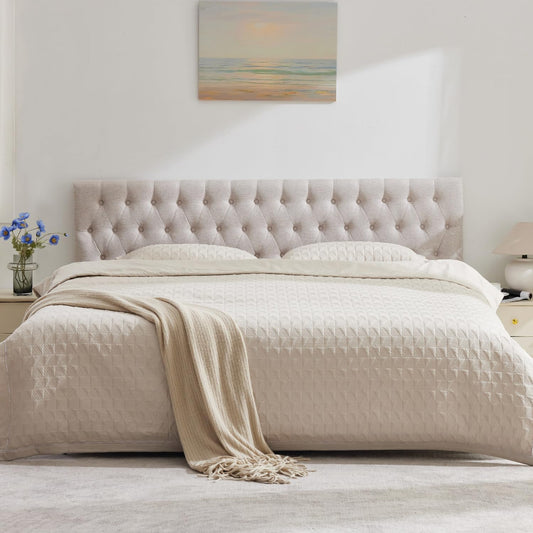 Headboards for King Size Bed in Modern Button Design, Premium Linen Fabric Upholstered Tufted Bed Headboard, Adjustable Solid Wood Head Board, Beige