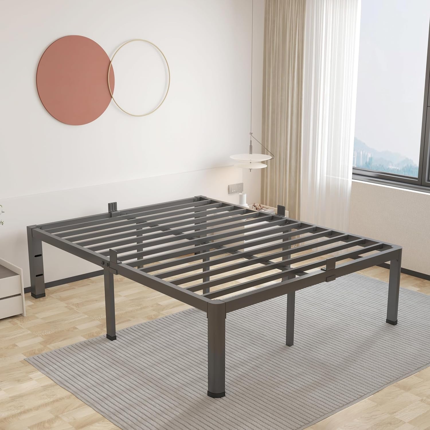 14 Inch Metal Queen Bed Frame with Rounded Corner and Headboard Hole Mattress Retainers 3500LBS Heavy Duty Steel Slats No Box Spring Needed Platform Noise-Free Easy Assembly
