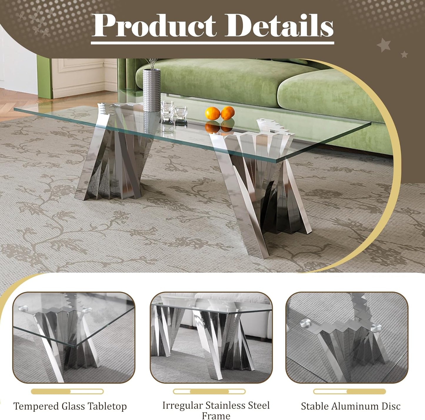 Silver 3 Piece Living Room Table Set with 1 Glass Coffee Table & 2 End Table, 3 Piece Coffee Table Set with Tempered Glass Tabletop and Stainless Steel Pedestal, Easy to Assemble