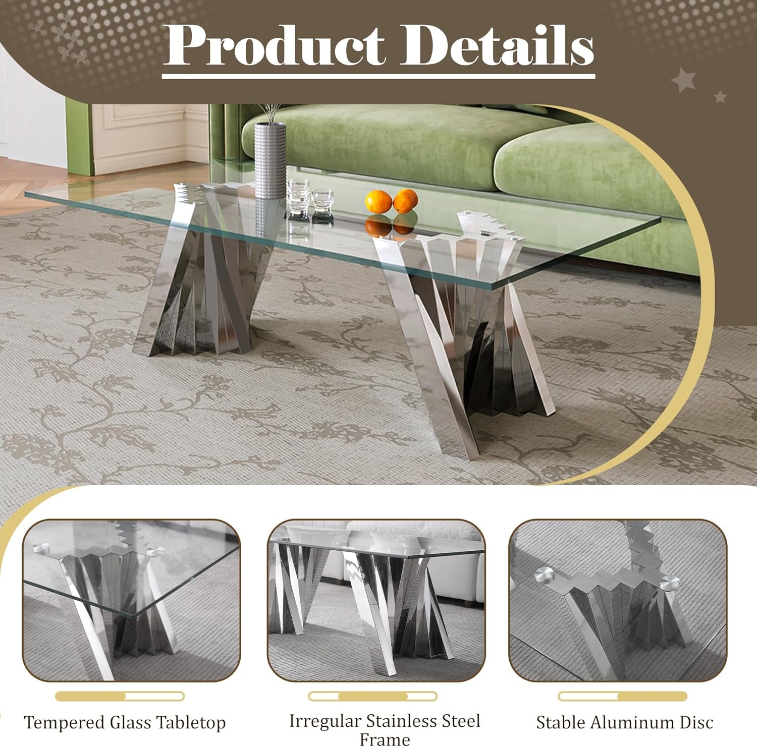 Silver 3 Piece Living Room Table Set with 1 Glass Coffee Table & 2 End Table, 3 Piece Coffee Table Set with Tempered Glass Tabletop and Stainless Steel Pedestal, Easy to Assemble