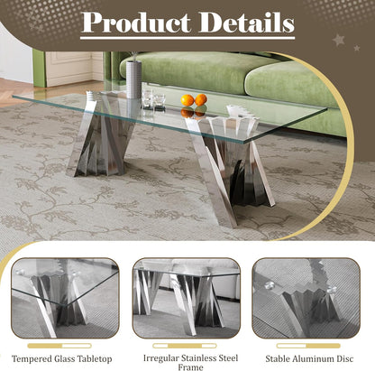 Silver 3 Piece Living Room Table Set with 1 Glass Coffee Table & 2 End Table, 3 Piece Coffee Table Set with Tempered Glass Tabletop and Stainless Steel Pedestal, Easy to Assemble