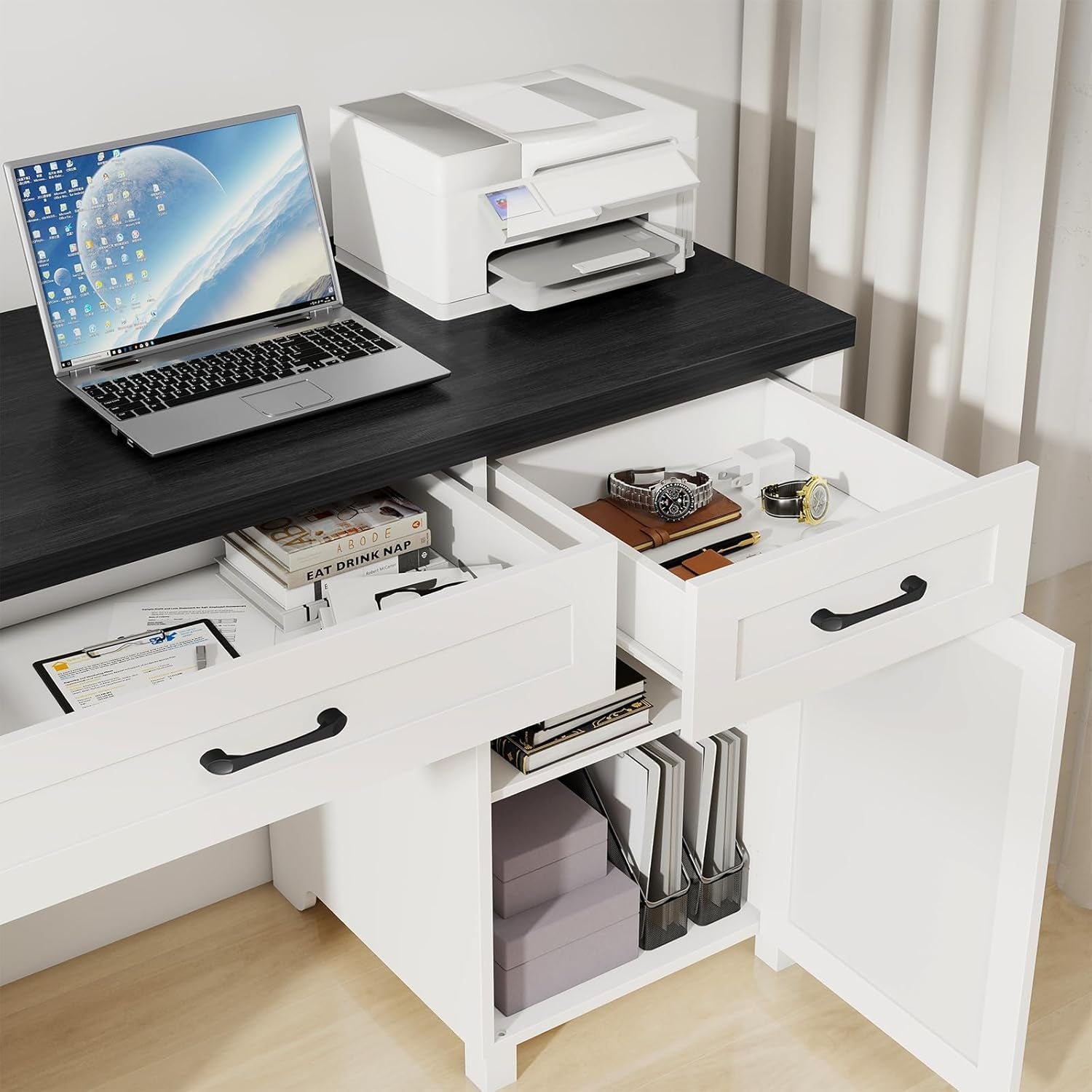 Farmhouse 61" Executive Desk with 5 Drawers,Rustic Office Computer Desk with Charging Station,File Drawers and Storage Cabinet, Wood Workstation for Home Office and Study, Black.