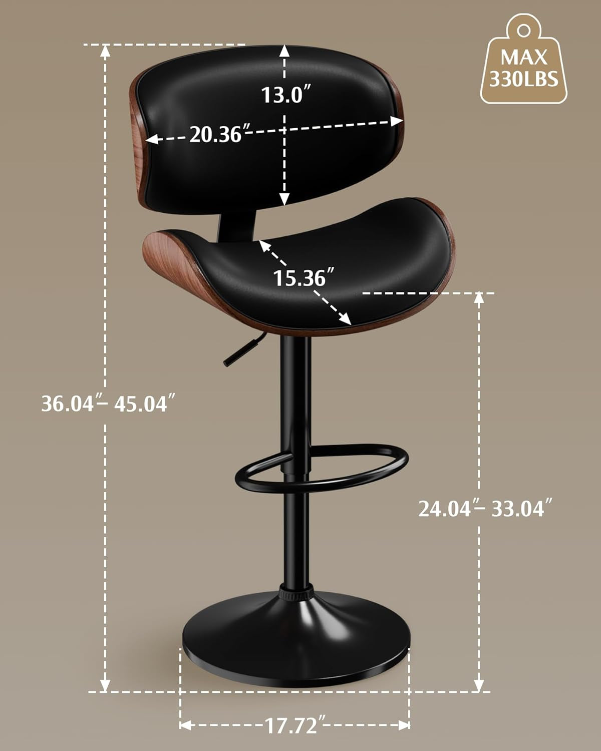 Bar Stools Set of 2, Adjustable Swivel Leather Bar Stools for Kitchen Island, Mid Century Modern Counter Height Bar Chairs Barstools with Back & Footrest (Black)
