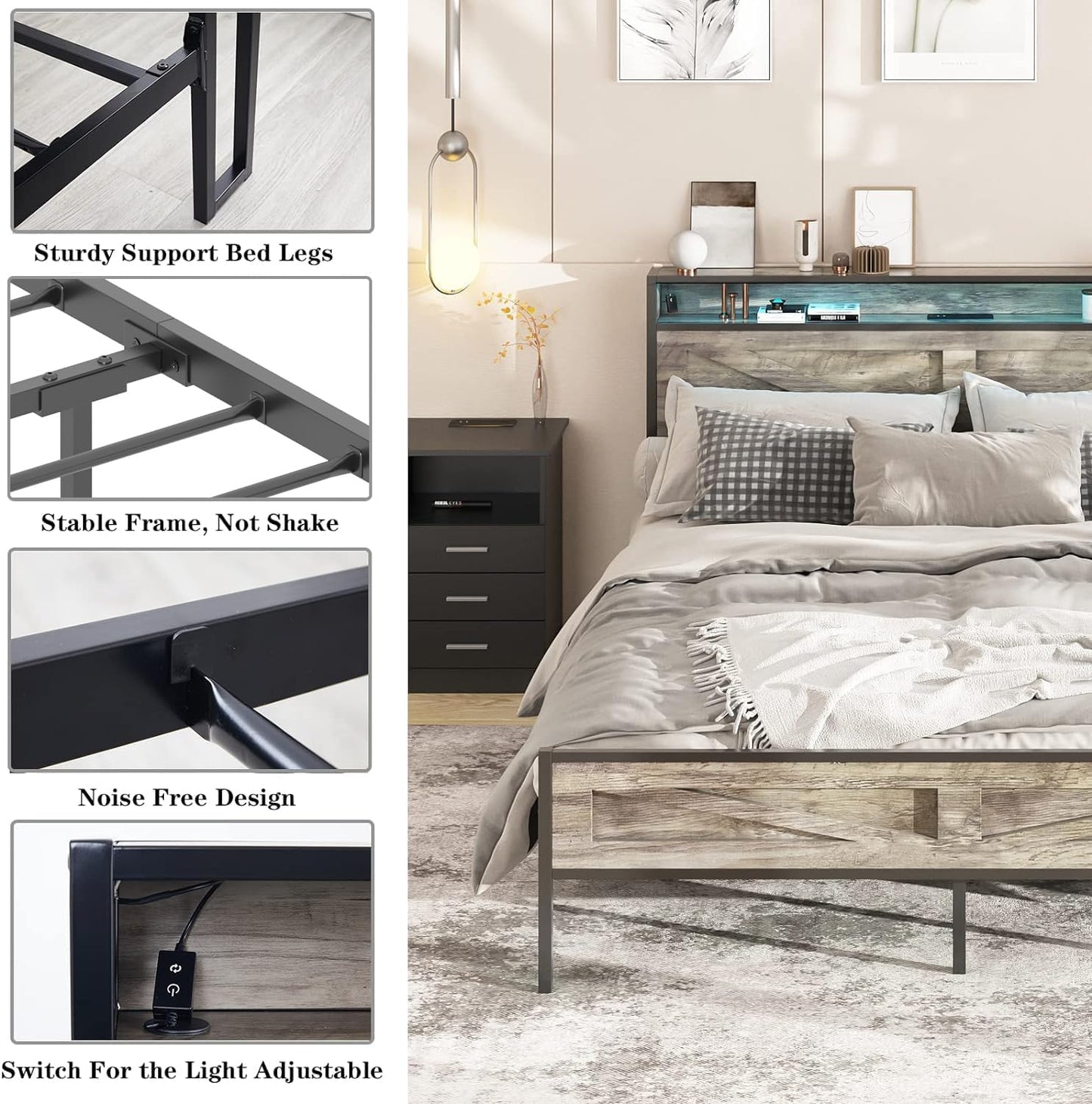 LED Full Size Bed Frame with Charging Station, Platform Metal Bed with Headboard Storage & USB Ports Outlets, Farmhouse Bed Frame with Lights for Bedroom, Noise Free, Wash Grey (Full)