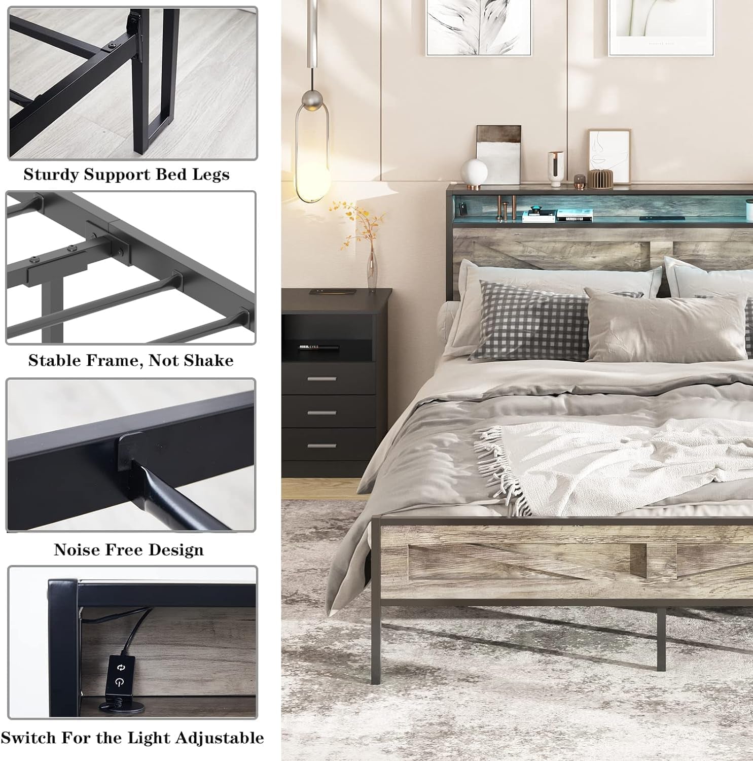 LED Full Size Bed Frame with Charging Station, Platform Metal Bed with Headboard Storage & USB Ports Outlets, Farmhouse Bed Frame with Lights for Bedroom, Noise Free, Wash Grey (Full)